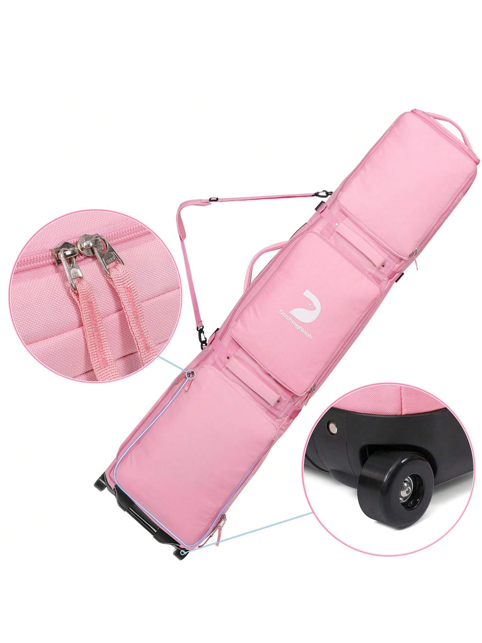 DashingNoah Rolling Ski Bags With Wheel, 165cm-175cm Padded Waterproof Snowboard Bag For Air Travel, Fits Single Ski & Skis With 3 Separation Storage, Unisex Adjustable Length, Pink