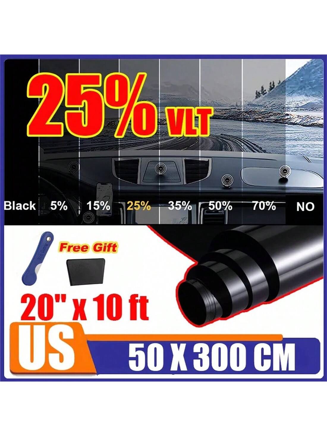 Dazone 300CM Uncut Roll Window Tint Film 25% VLT 20" X 10ft Feet For Car Home Office Glass Window UV Block Sunshade Tint Film Universal Privacy Security For Car Truck Auto- Any Size & Shade With Free