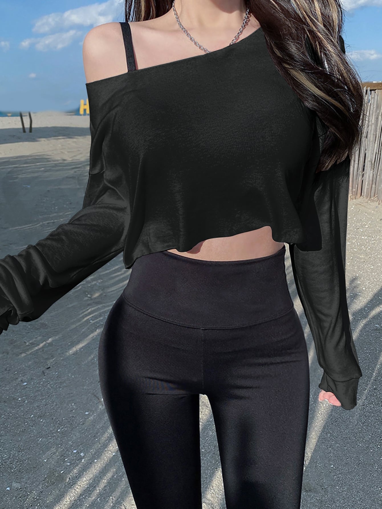 DAZY Asymmetrical Neck Drop Shoulder Crop Tee,Fall Clothes Long Sleeve Women Tops