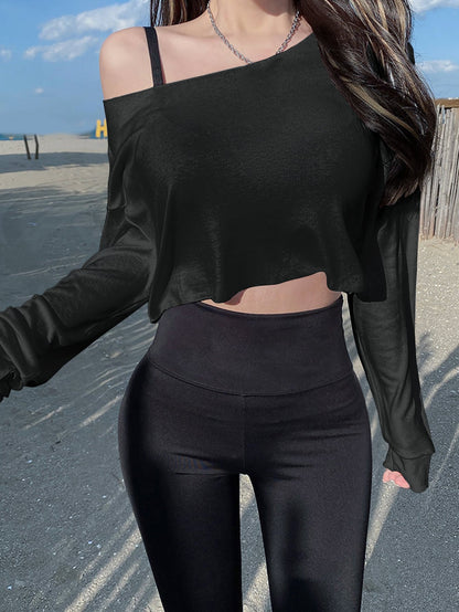 DAZY Asymmetrical Neck Drop Shoulder Crop Tee,Fall Clothes Long Sleeve Women Tops