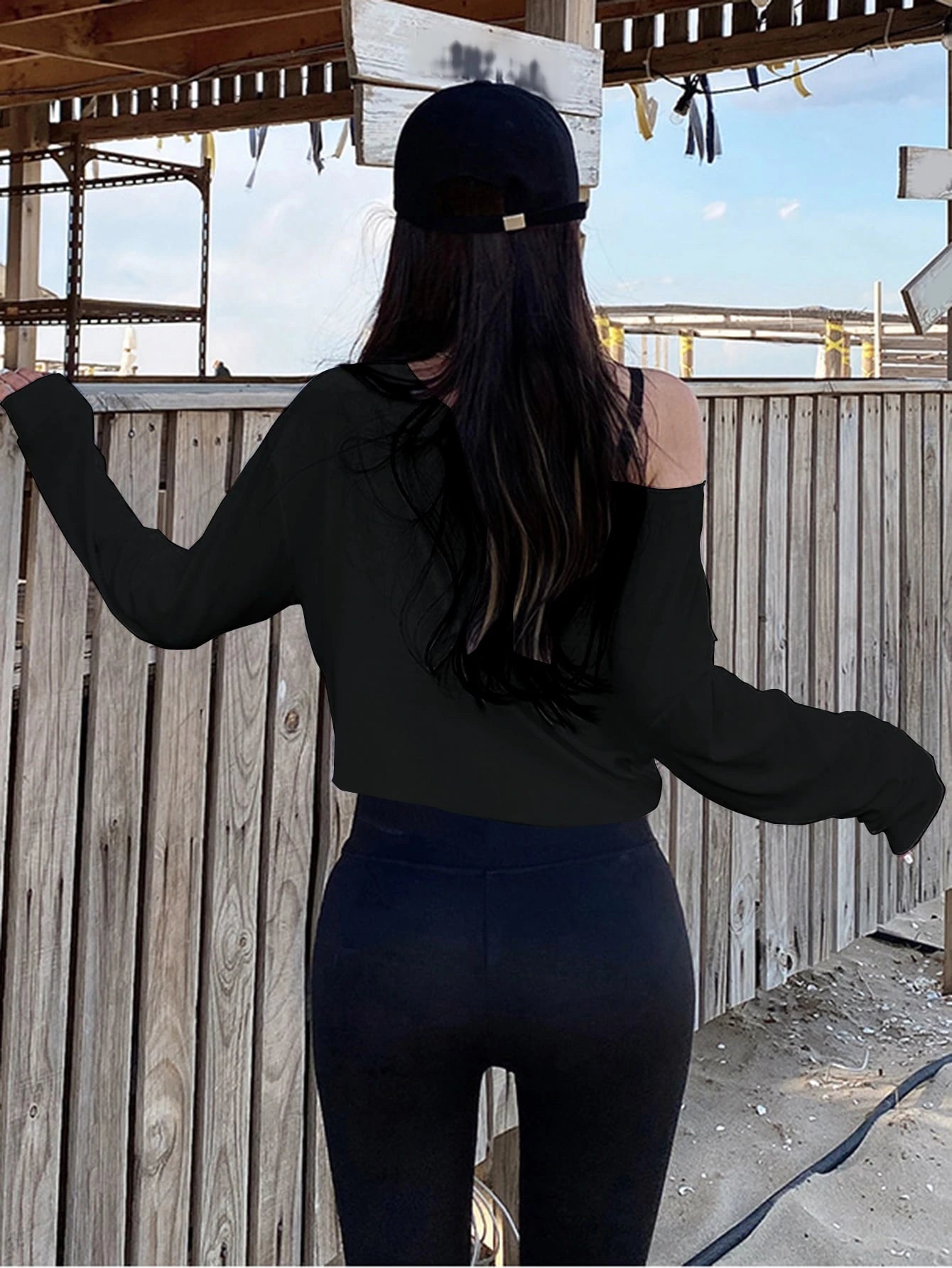 DAZY Asymmetrical Neck Drop Shoulder Crop Tee,Fall Clothes Long Sleeve Women Tops