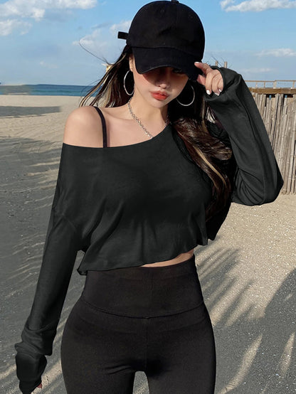 DAZY Asymmetrical Neck Drop Shoulder Crop Tee,Fall Clothes Long Sleeve Women Tops