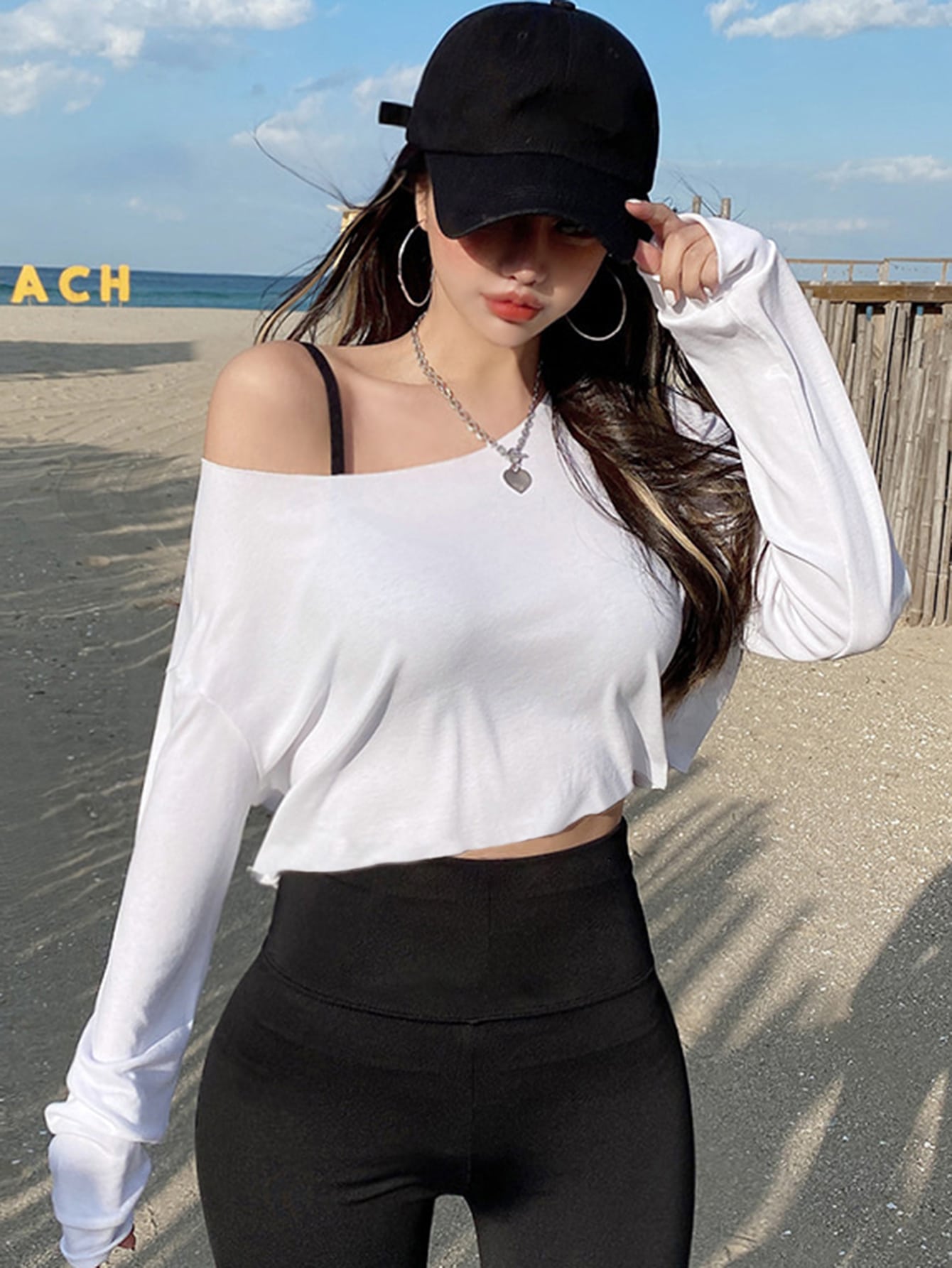DAZY Asymmetrical Neck Drop Shoulder Crop Tee,Fall Clothes Long Sleeve Women Tops