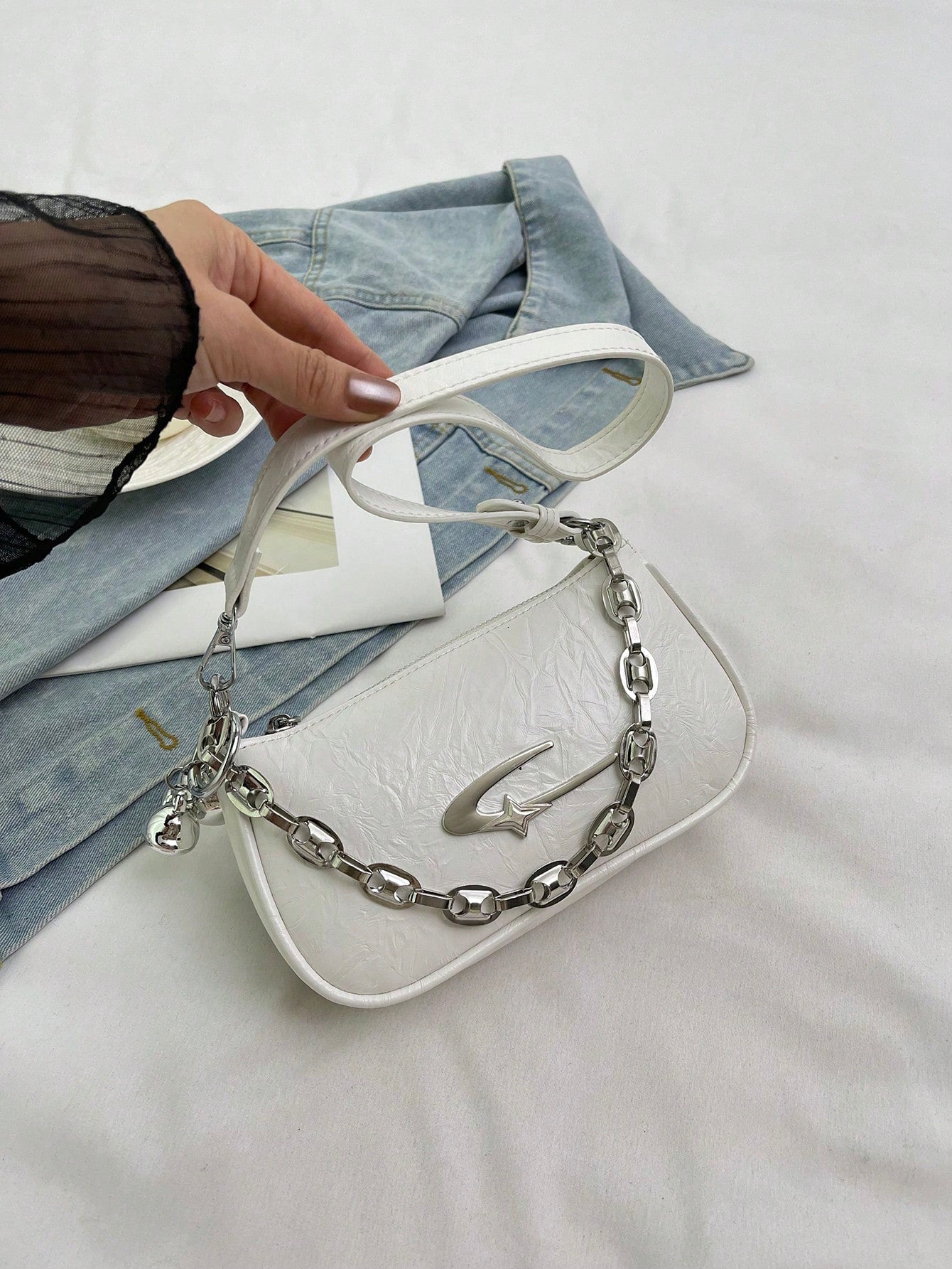 DAZY Fashionable Personalized Women's Square Bag, Camera Bag, PU Material, Metal Star Decor, Chain Decor, Ball Decor, Baddie Style, Y2K Metallic Vibe, Suitable For Daily Use, Work Commute, Wallet, Gif
