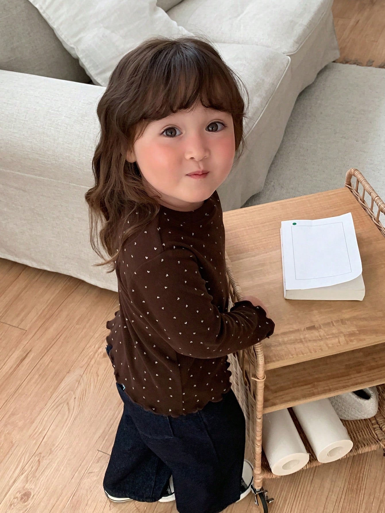 DAZY Infant (Girl) Polka Dot Korean Style Long Sleeve Ruffle Trim Top
