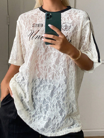 DAZY Lace Letter Print Loose Short Sleeve Casual Vacation Summer Women's T-Shirt School