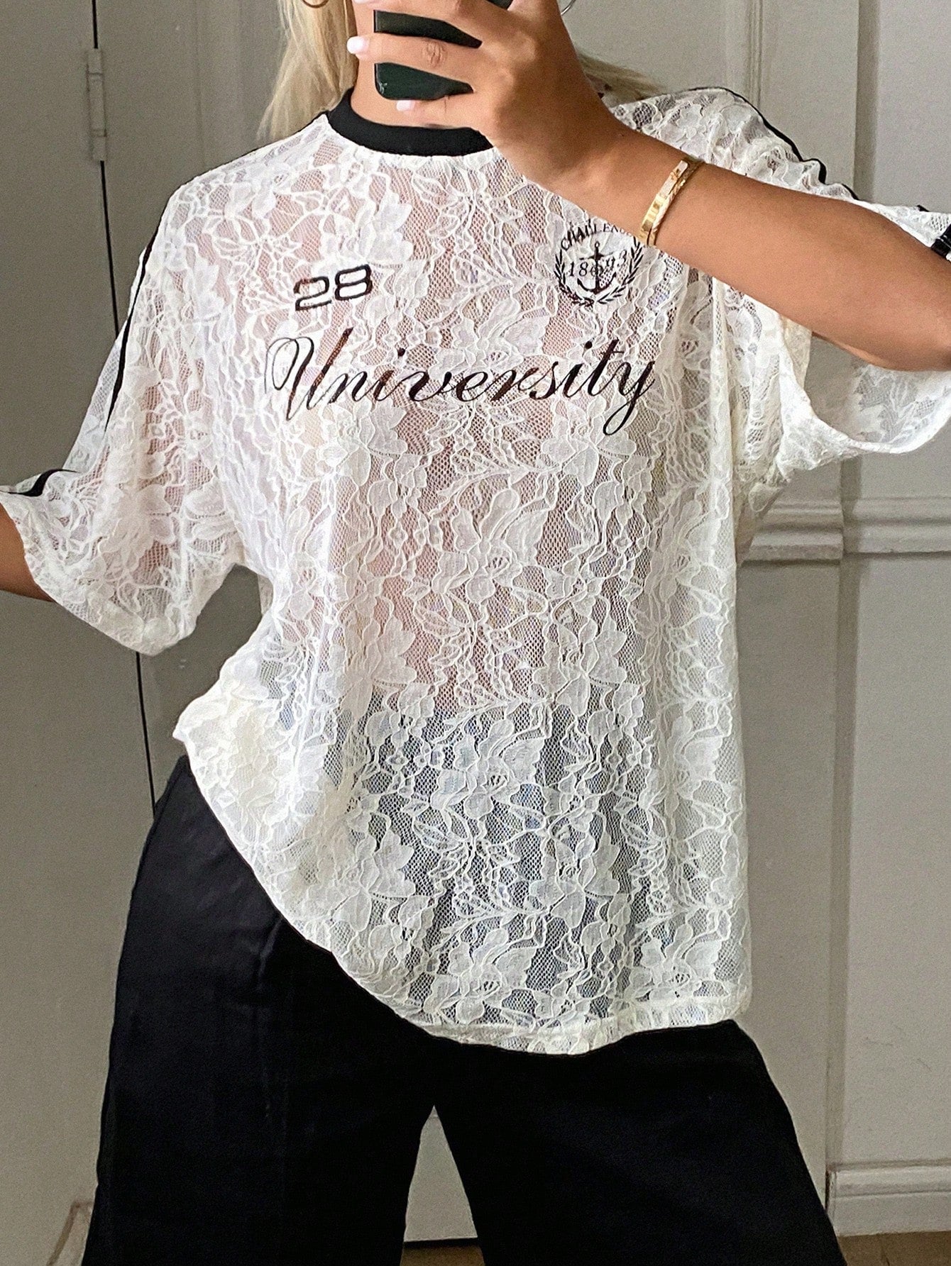 DAZY Lace Letter Print Loose Short Sleeve Casual Vacation Summer Women's T-Shirt School