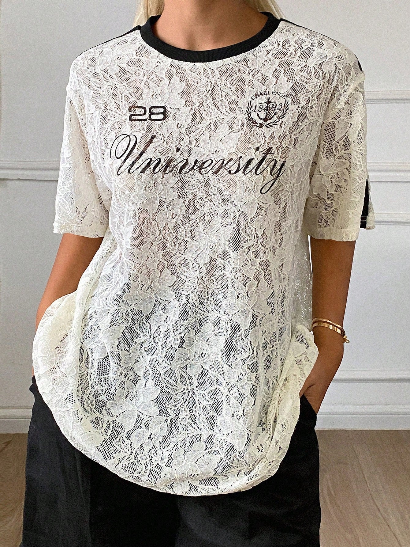 DAZY Lace Letter Print Loose Short Sleeve Casual Vacation Summer Women's T-Shirt School