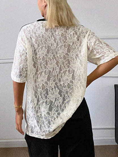DAZY Lace Letter Print Loose Short Sleeve Casual Vacation Summer Women's T-Shirt School
