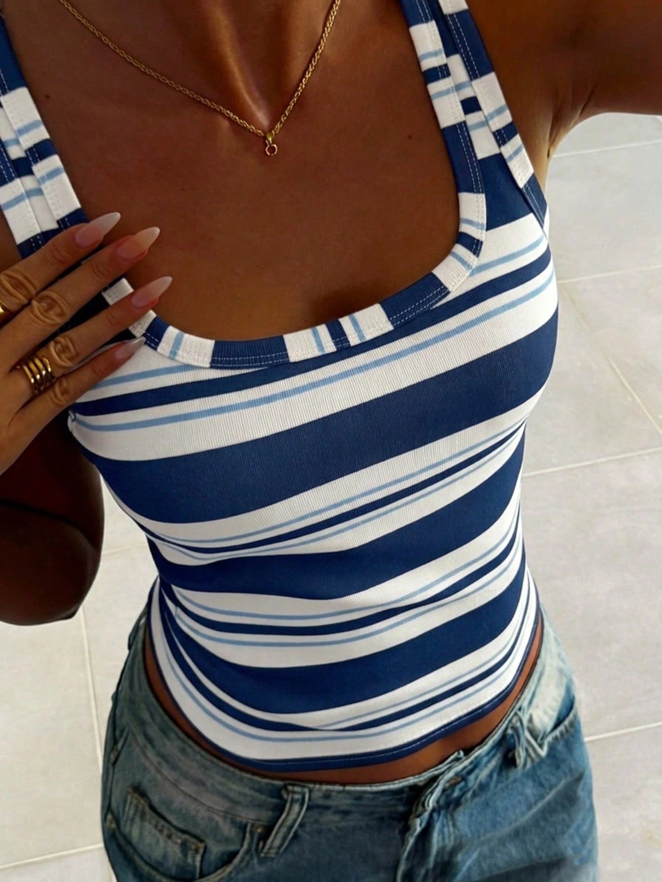DAZY Women's Casual Striped Round Neck Fitted Tank Top, Summer Graphic Tee