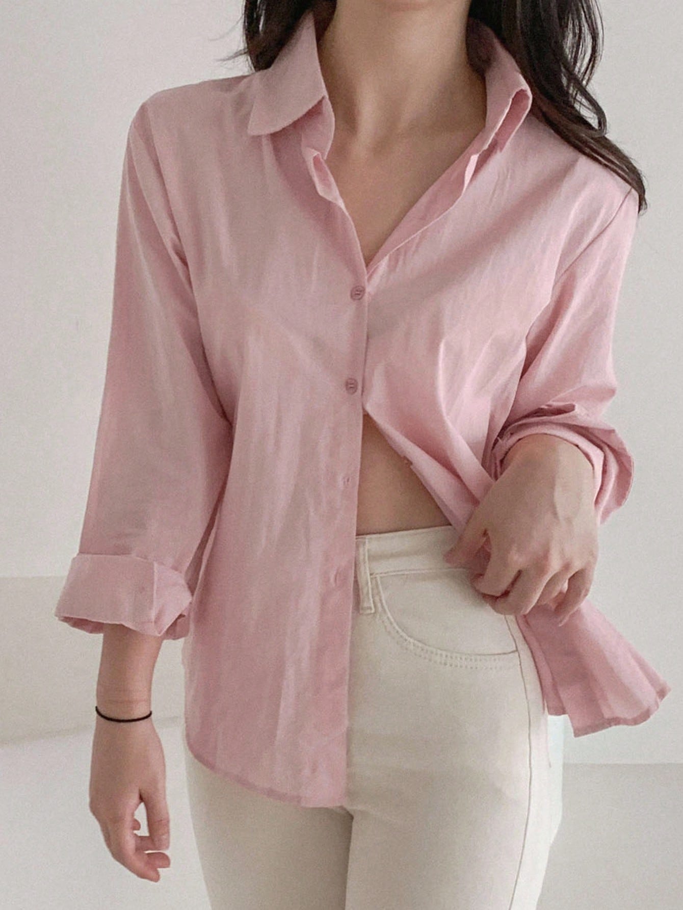 DAZY Women's Loose Casual Versatile Solid Color Blouse,Fall Clothes Long Sleeve Top