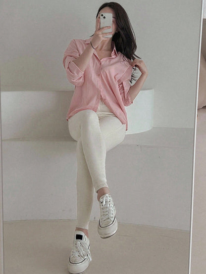 DAZY Women's Loose Casual Versatile Solid Color Blouse,Fall Clothes Long Sleeve Top