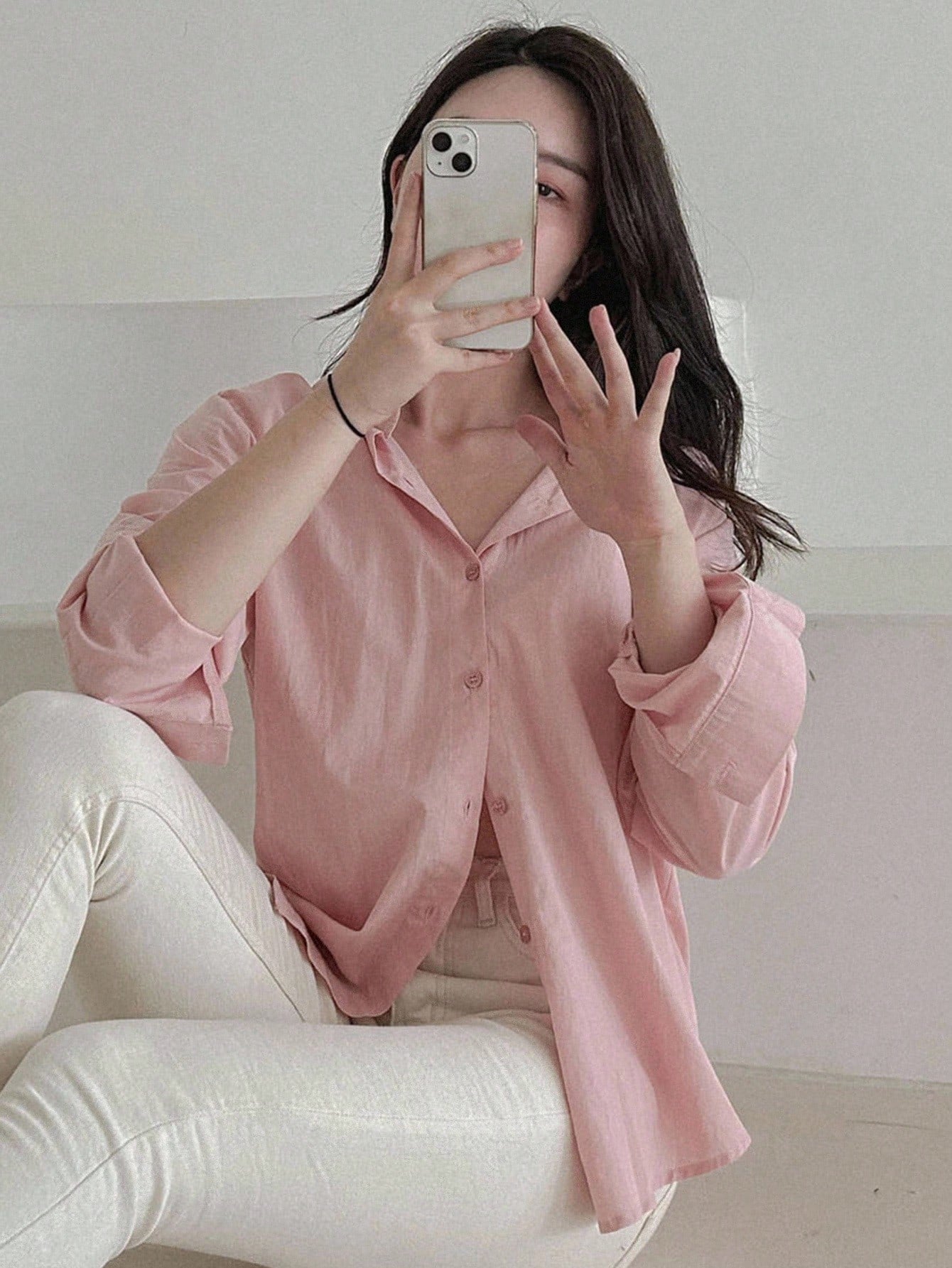 DAZY Women's Loose Casual Versatile Solid Color Blouse,Fall Clothes Long Sleeve Top