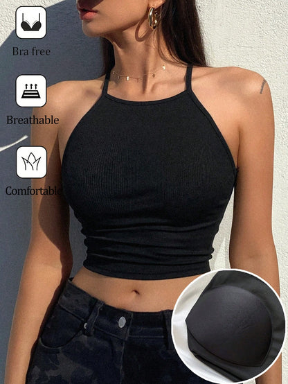 DAZY Women's Summer Casual Camisole With Built-In Padded Bra, Sexy & Comfortable Crop Top