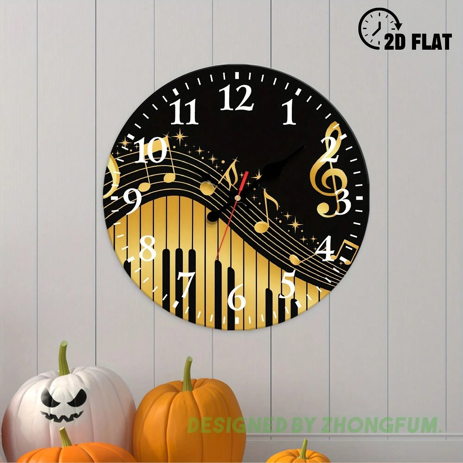 Decorative Wall Clock, 2D Flat Pattern With Musical Notes And Piano Keys, Wooden Silent Non-Ticking Bedroom Clock, Suitable For School, Home