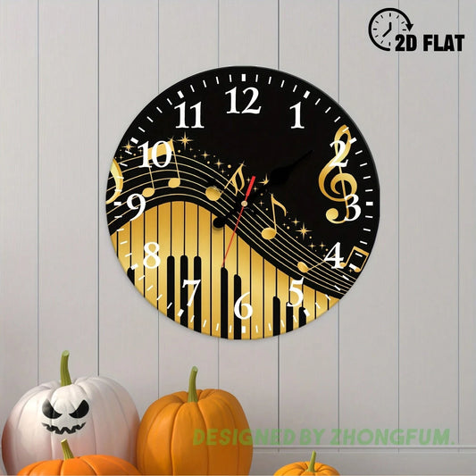 Decorative Wall Clock, 2D Flat Pattern With Musical Notes And Piano Keys, Wooden Silent Non-Ticking Bedroom Clock, Suitable For School, Home