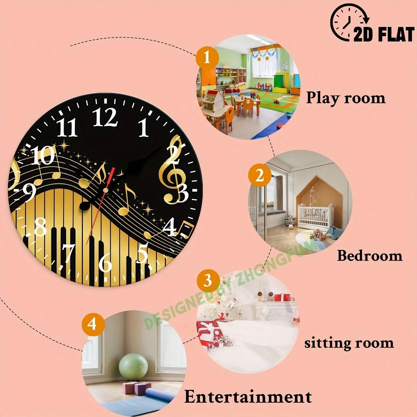 Decorative Wall Clock, 2D Flat Pattern With Musical Notes And Piano Keys, Wooden Silent Non-Ticking Bedroom Clock, Suitable For School, Home