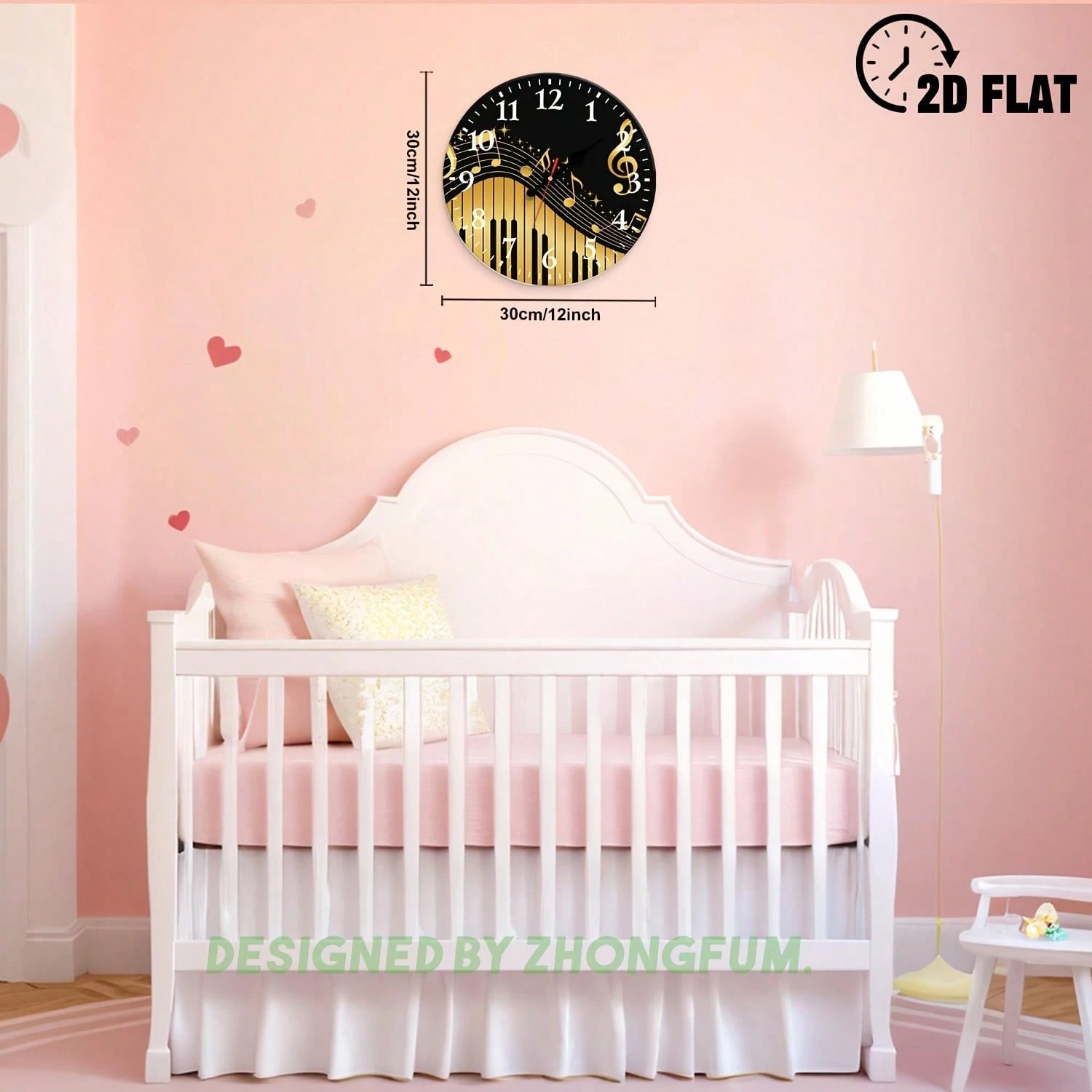 Decorative Wall Clock, 2D Flat Pattern With Musical Notes And Piano Keys, Wooden Silent Non-Ticking Bedroom Clock, Suitable For School, Home