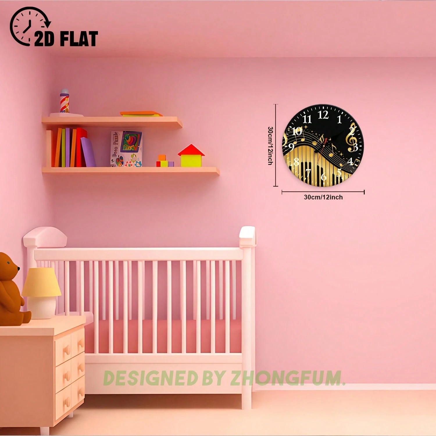 Decorative Wall Clock, 2D Flat Pattern With Musical Notes And Piano Keys, Wooden Silent Non-Ticking Bedroom Clock, Suitable For School, Home