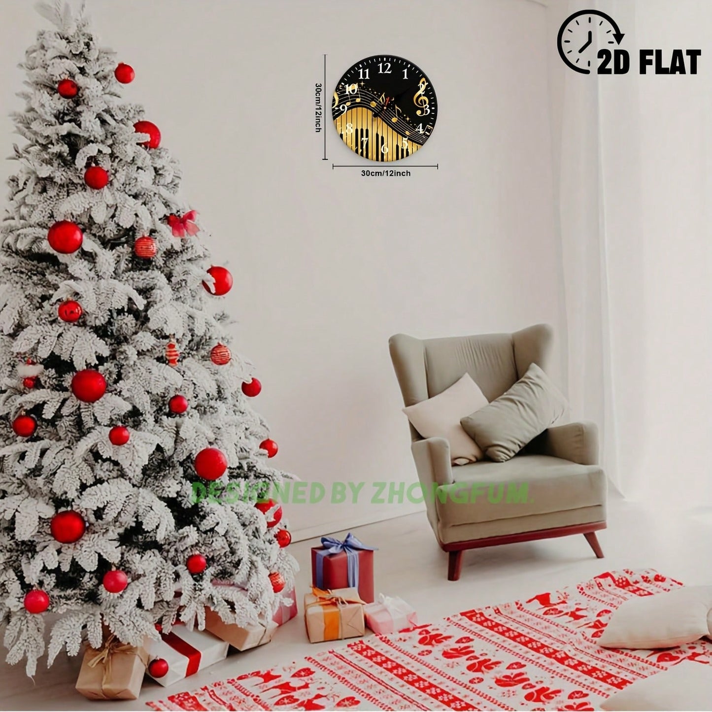 Decorative Wall Clock, 2D Flat Pattern With Musical Notes And Piano Keys, Wooden Silent Non-Ticking Bedroom Clock, Suitable For School, Home