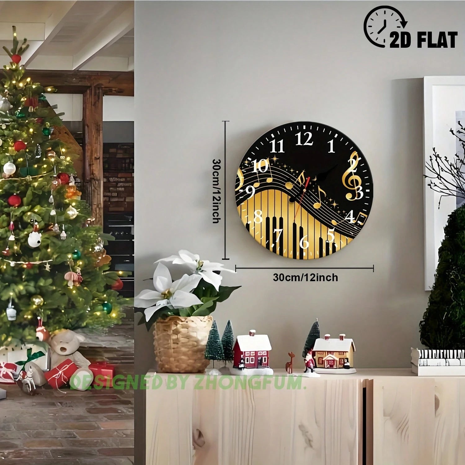 Decorative Wall Clock, 2D Flat Pattern With Musical Notes And Piano Keys, Wooden Silent Non-Ticking Bedroom Clock, Suitable For School, Home