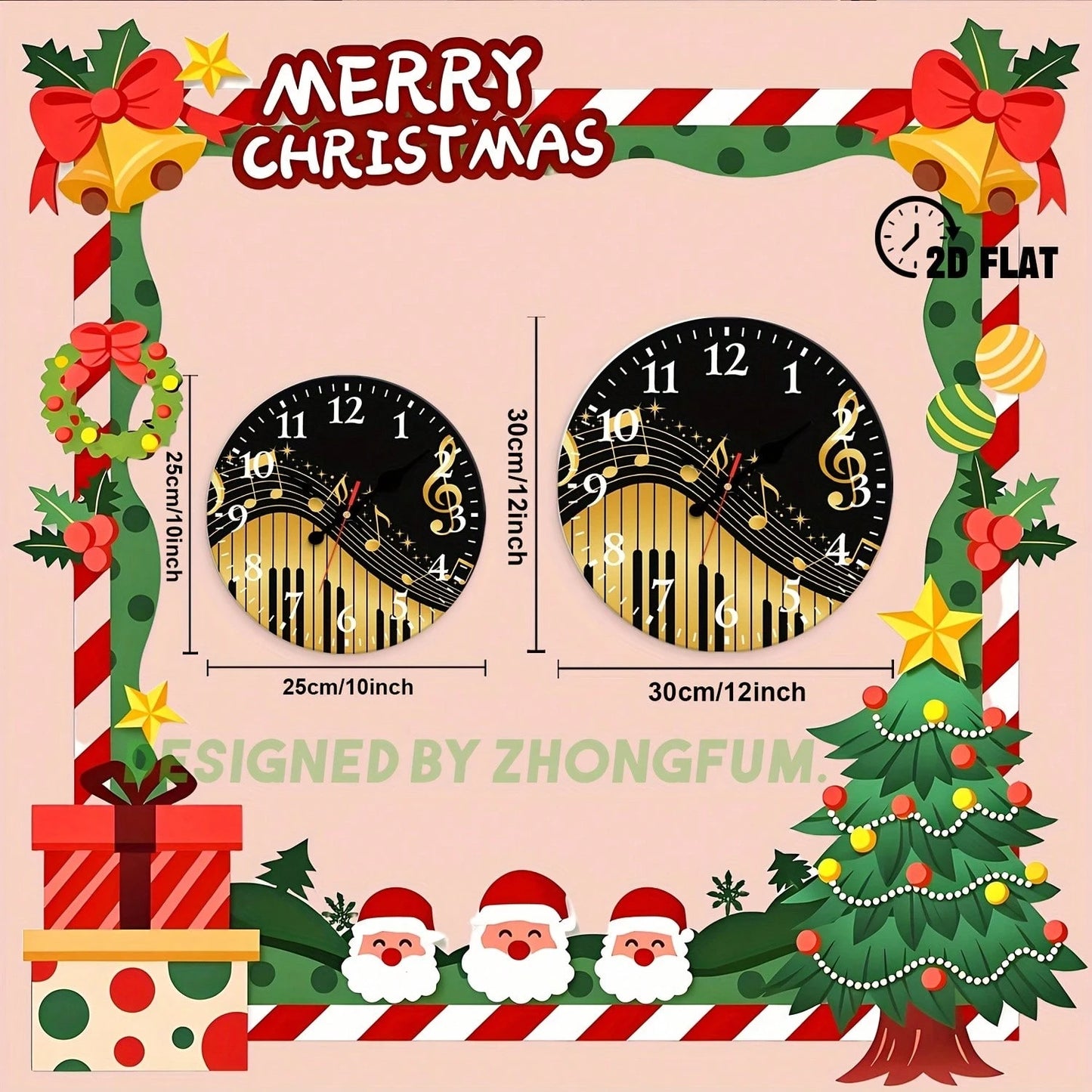 Decorative Wall Clock, 2D Flat Pattern With Musical Notes And Piano Keys, Wooden Silent Non-Ticking Bedroom Clock, Suitable For School, Home