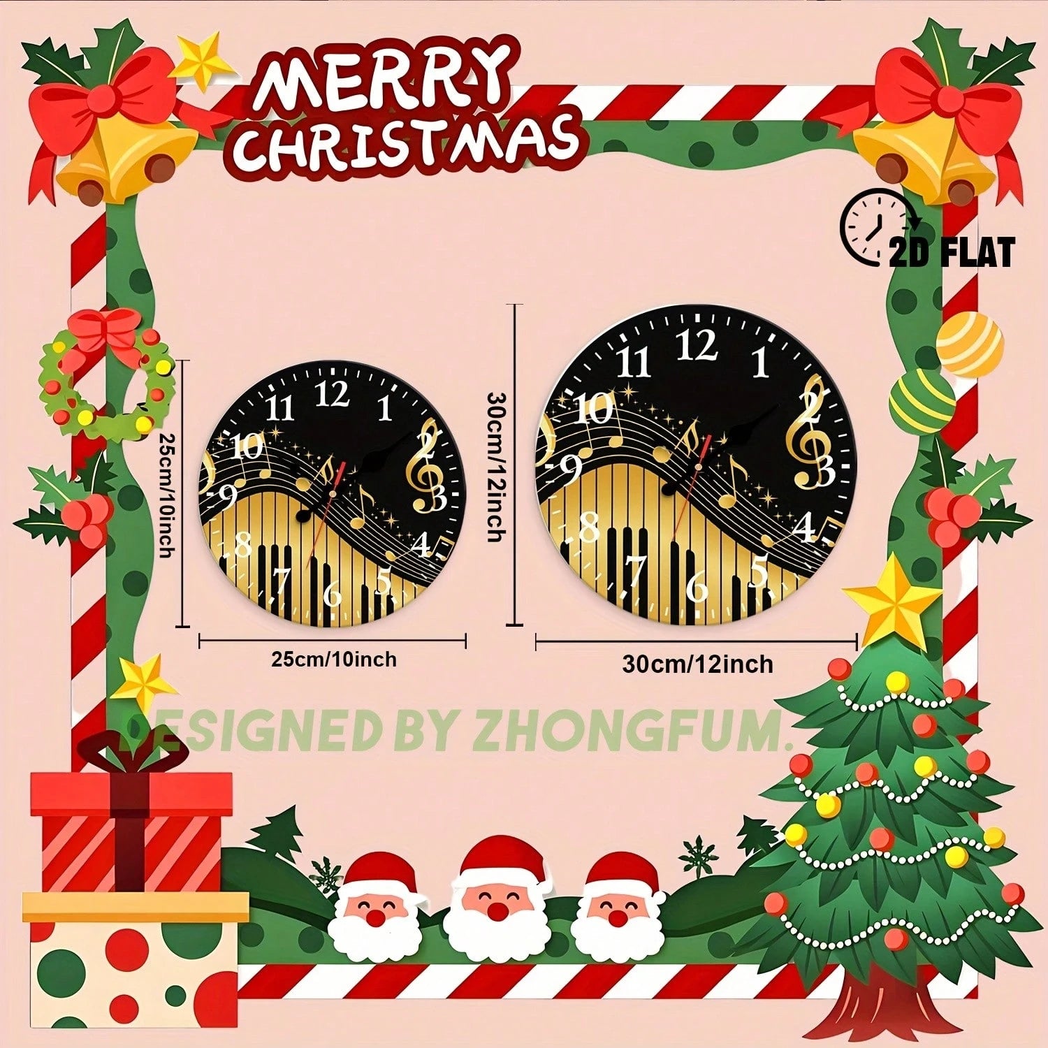 Decorative Wall Clock, 2D Flat Pattern With Musical Notes And Piano Keys, Wooden Silent Non-Ticking Bedroom Clock, Suitable For School, Home