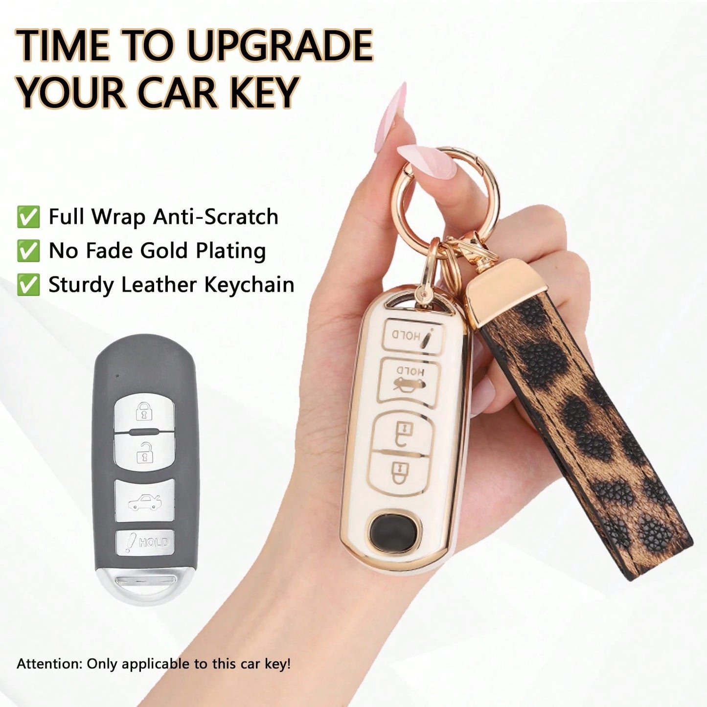 Dedicated 4-Button Long Smart Car Key Full Cover Protector, Anti-Drop Wear-Resistant Gold-Plated Key Shell With Leopard Print Leather Strap, Exquisite Accessory For Car Owners Daily Commute, Birthday