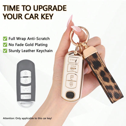 Dedicated 4-Button Long Smart Car Key Full Cover Protector, Anti-Drop Wear-Resistant Gold-Plated Key Shell With Leopard Print Leather Strap, Exquisite Accessory For Car Owners Daily Commute, Birthday