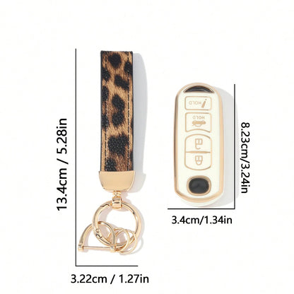 Dedicated 4-Button Long Smart Car Key Full Cover Protector, Anti-Drop Wear-Resistant Gold-Plated Key Shell With Leopard Print Leather Strap, Exquisite Accessory For Car Owners Daily Commute, Birthday