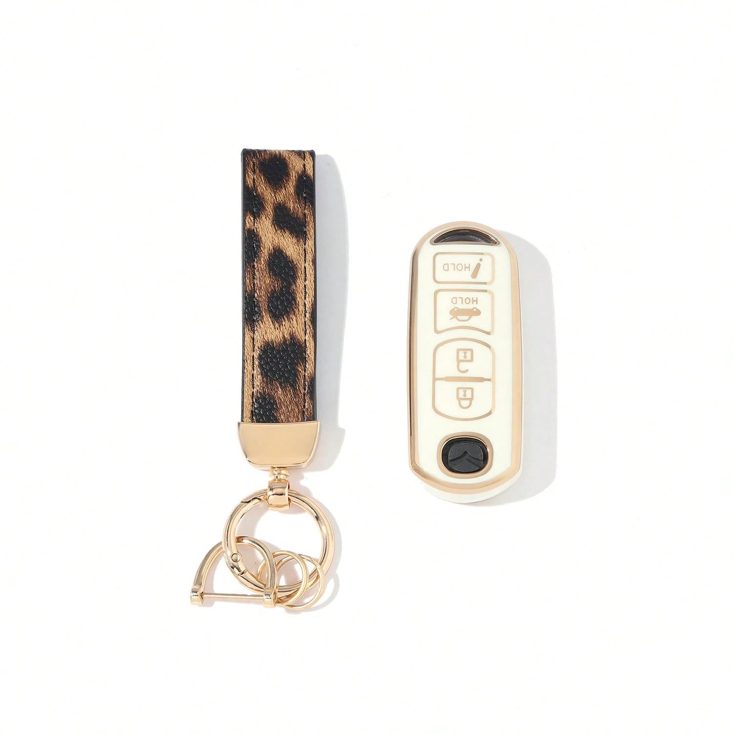 Dedicated 4-Button Long Smart Car Key Full Cover Protector, Anti-Drop Wear-Resistant Gold-Plated Key Shell With Leopard Print Leather Strap, Exquisite Accessory For Car Owners Daily Commute, Birthday