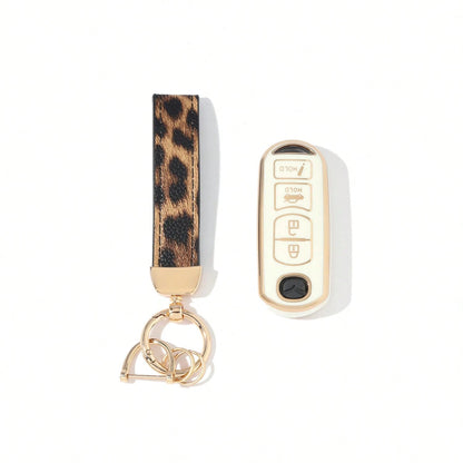 Dedicated 4-Button Long Smart Car Key Full Cover Protector, Anti-Drop Wear-Resistant Gold-Plated Key Shell With Leopard Print Leather Strap, Exquisite Accessory For Car Owners Daily Commute, Birthday
