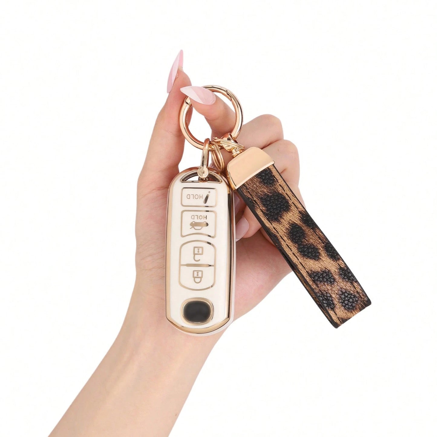 Dedicated 4-Button Long Smart Car Key Full Cover Protector, Anti-Drop Wear-Resistant Gold-Plated Key Shell With Leopard Print Leather Strap, Exquisite Accessory For Car Owners Daily Commute, Birthday