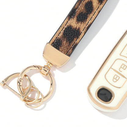 Dedicated 4-Button Long Smart Car Key Full Cover Protector, Anti-Drop Wear-Resistant Gold-Plated Key Shell With Leopard Print Leather Strap, Exquisite Accessory For Car Owners Daily Commute, Birthday