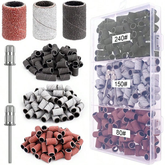 DeDryDS Nail Sanding Band Set, Includes 80, 150, 240 Grit Sandpaper, 150pcs, Colorful Coarse And Fine Nail Sanding Bands, 2 Nail Drill Bits, 3/32 Inch Drill Bits, Portable Storage Box Set