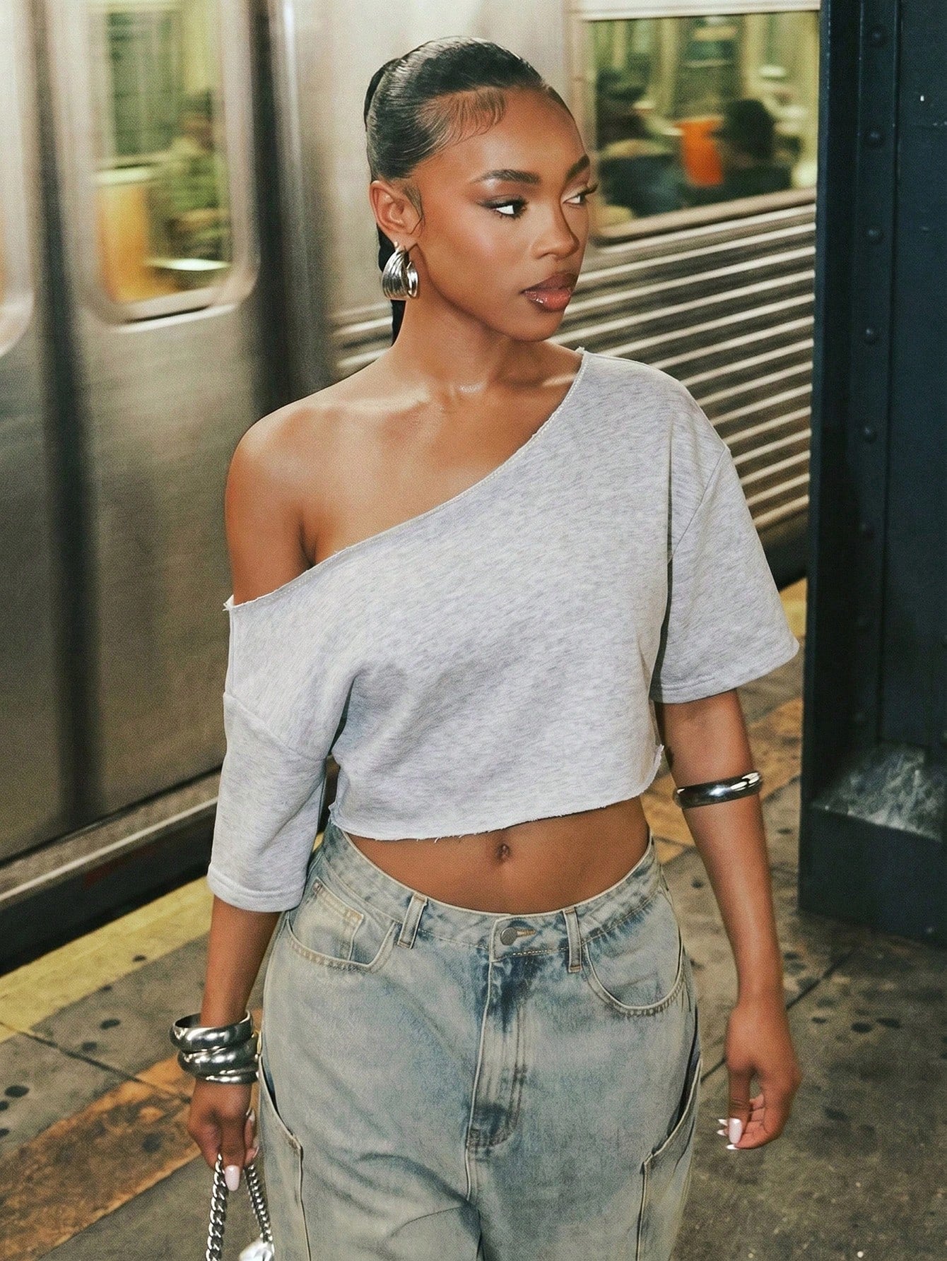 Denimoi Off Shoulder Raw Edge Crop Top Fashionable Streetwear Lounge Wear Everyday Wear