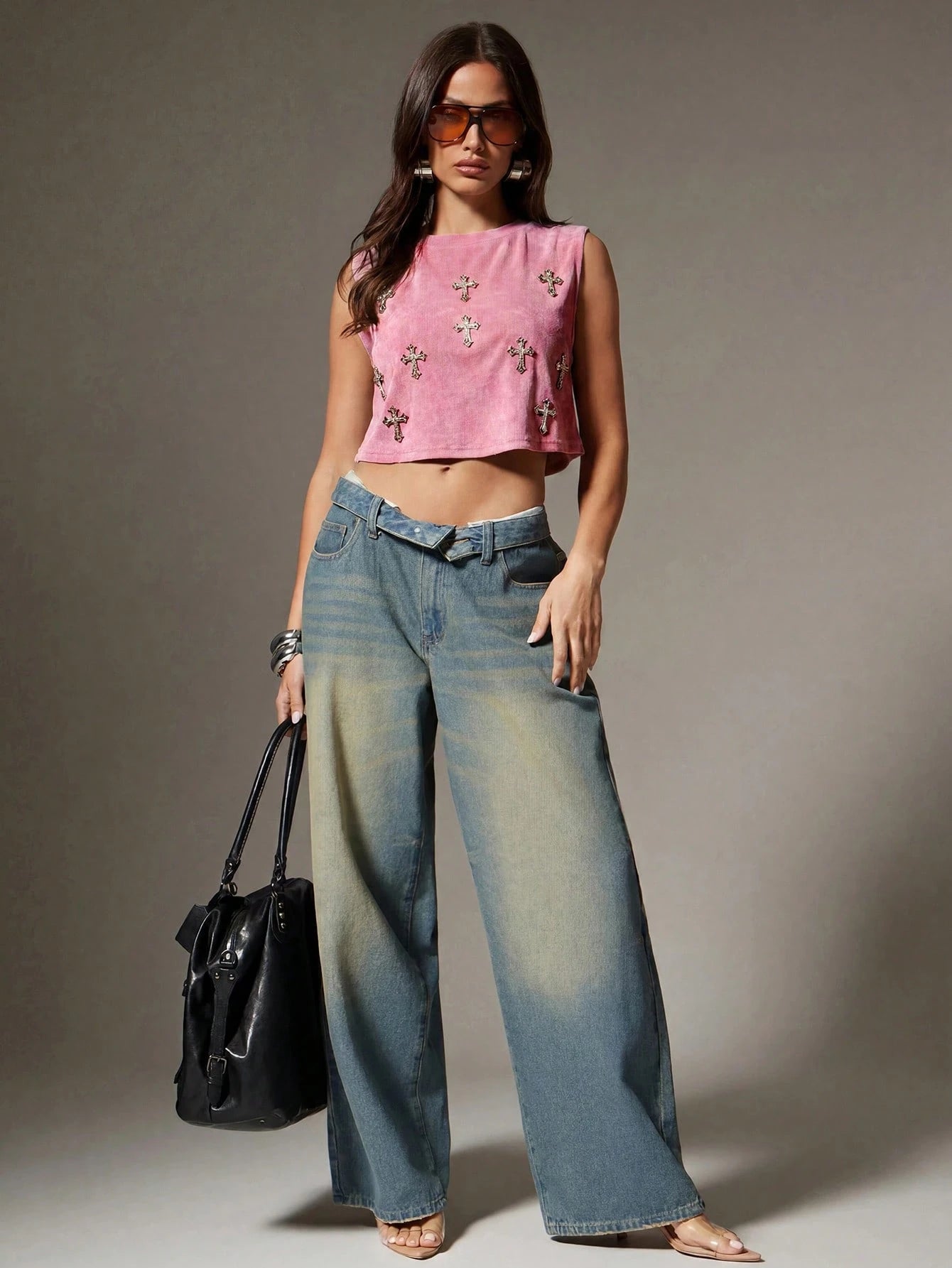 Denimoi Rhinestone Cross Charms Cropped Low Armhole Tank Top, Fashionable, Crop Top