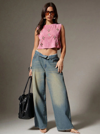 Denimoi Rhinestone Cross Charms Cropped Low Armhole Tank Top, Fashionable, Crop Top