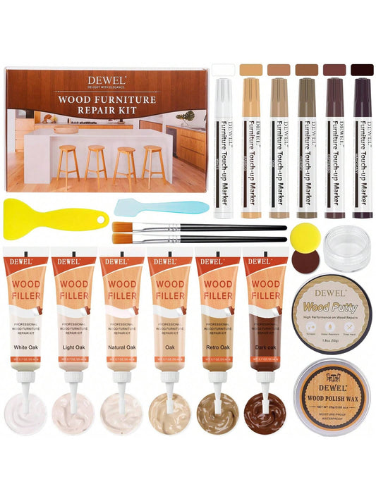 DEWEL Wood Furniture Repair Kit, Walnut Colors Series Furniture Touch Up Markers And Wood Fillers, Wood Putty With Wood Polish Wax For Restoring Any Wood, Scratches, Cracks, Wood Floor