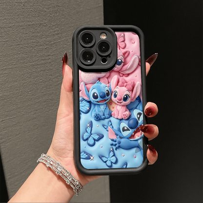 Disney Lilo & Stitch 3D Effect Phone Case, Featuring Stitch, Angel, And Cute Alien Characters With Butterflies, Pink And Blue Background, Compatible With IPhone 17, 16, 15, 14, 13, 12, 11 Pro Series A