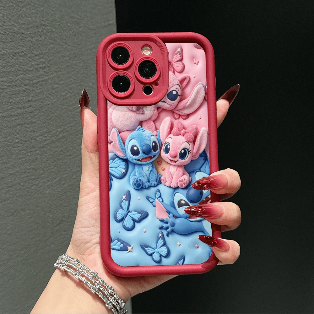 Disney Lilo & Stitch 3D Effect Phone Case, Featuring Stitch, Angel, And Cute Alien Characters With Butterflies, Pink And Blue Background, Compatible With IPhone 17, 16, 15, 14, 13, 12, 11 Pro Series A