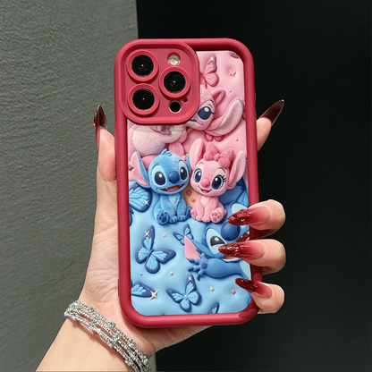 Disney Lilo & Stitch 3D Effect Phone Case, Featuring Stitch, Angel, And Cute Alien Characters With Butterflies, Pink And Blue Background, Compatible With IPhone 17, 16, 15, 14, 13, 12, 11 Pro Series A