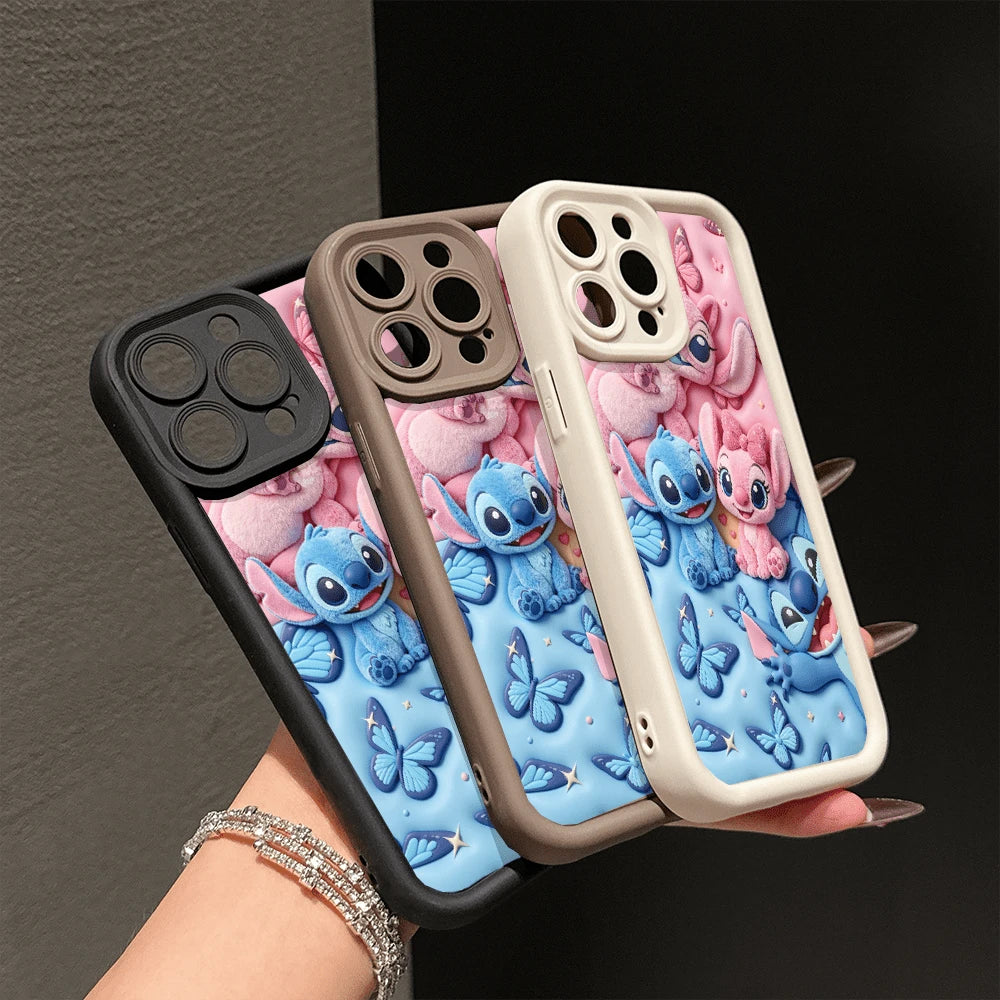 Disney Lilo & Stitch 3D Effect Phone Case, Featuring Stitch, Angel, And Cute Alien Characters With Butterflies, Pink And Blue Background, Compatible With IPhone 17, 16, 15, 14, 13, 12, 11 Pro Series A