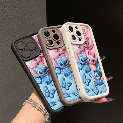 Disney Lilo & Stitch 3D Effect Phone Case, Featuring Stitch, Angel, And Cute Alien Characters With Butterflies, Pink And Blue Background, Compatible With IPhone 17, 16, 15, 14, 13, 12, 11 Pro Series A