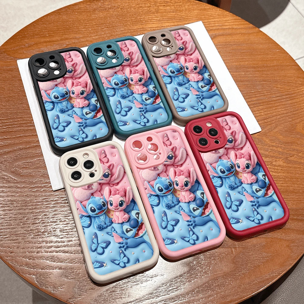 Disney Lilo & Stitch 3D Effect Phone Case, Featuring Stitch, Angel, And Cute Alien Characters With Butterflies, Pink And Blue Background, Compatible With IPhone 17, 16, 15, 14, 13, 12, 11 Pro Series A