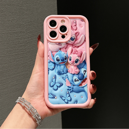 Disney Lilo & Stitch 3D Effect Phone Case, Featuring Stitch, Angel, And Cute Alien Characters With Butterflies, Pink And Blue Background, Compatible With IPhone 17, 16, 15, 14, 13, 12, 11 Pro Series A