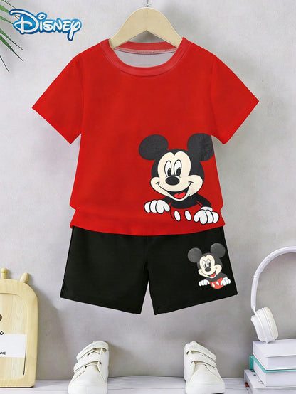 Disney Summer Baby Boy Mickey Mouse Half-Body Print Cute Red Short Sleeve T-Shirt And Shorts Set, Cartoon Pattern, Stretchy, Suitable For Newborn Infants Daily Wear