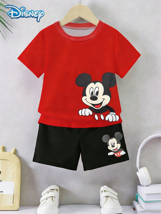 Disney Summer Baby Boy Mickey Mouse Half-Body Print Cute Red Short Sleeve T-Shirt And Shorts Set, Cartoon Pattern, Stretchy, Suitable For Newborn Infants Daily Wear