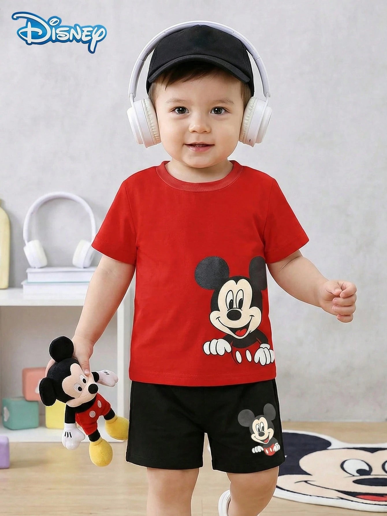 Disney Summer Baby Boy Mickey Mouse Half-Body Print Cute Red Short Sleeve T-Shirt And Shorts Set, Cartoon Pattern, Stretchy, Suitable For Newborn Infants Daily Wear