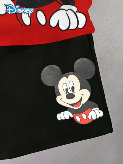 Disney Summer Baby Boy Mickey Mouse Half-Body Print Cute Red Short Sleeve T-Shirt And Shorts Set, Cartoon Pattern, Stretchy, Suitable For Newborn Infants Daily Wear